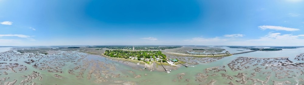 Panoramic view of marshland with scattered trees and water channels under a clear blue sky.
